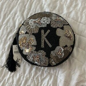 Ann Harlow Russo x Anthropologie crossbody bag with "K". Black beaded bag